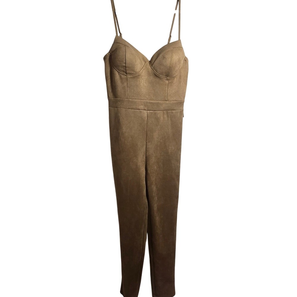 Haute Monde Jumpsuit Women L Tan Faux Suede Bustier Strappy Bodycon Romper Jrs‎